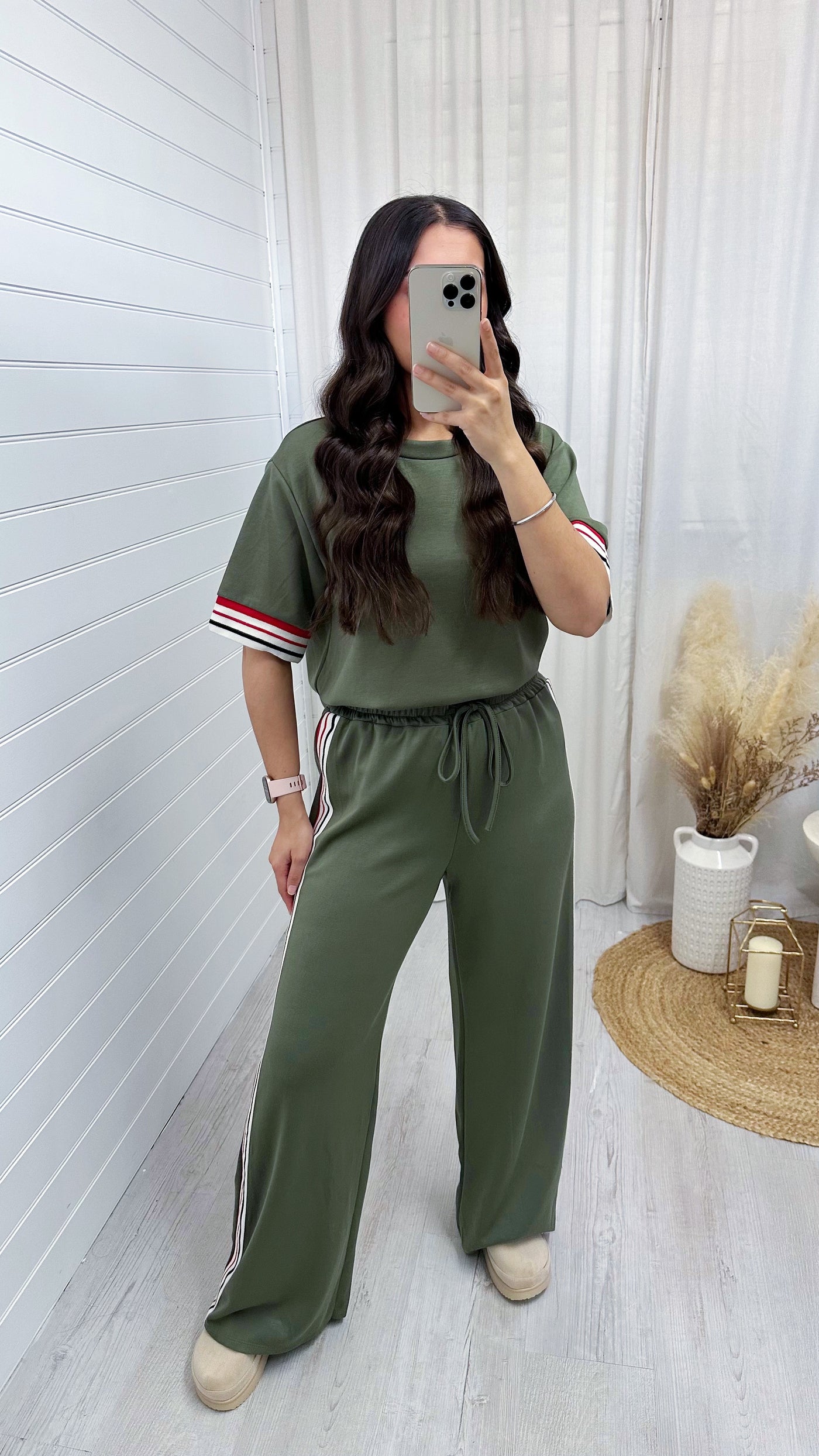 Side Stripe Plain T-Shirt and Joggers Co-Ord - KHAKI