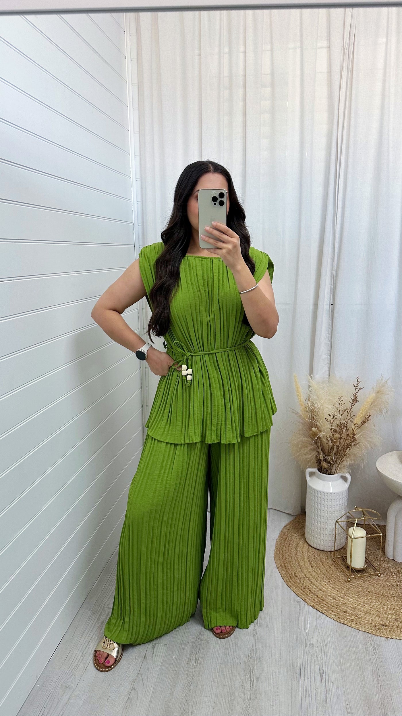 Pleated Tunic and Wide Leg Trousers Co-Ord - LIME