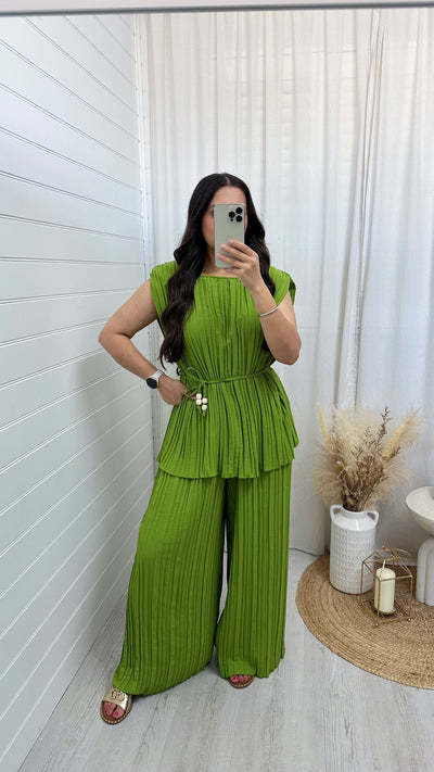 Pleated Tunic and Wide Leg Trousers Co-Ord - LIME