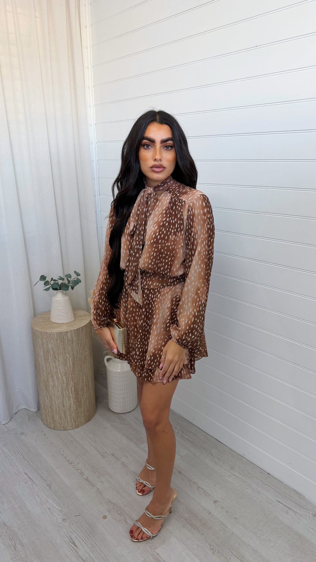 Deer Print Tie Neck Dress - BROWN