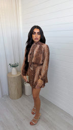 Deer Print Tie Neck Dress - BROWN