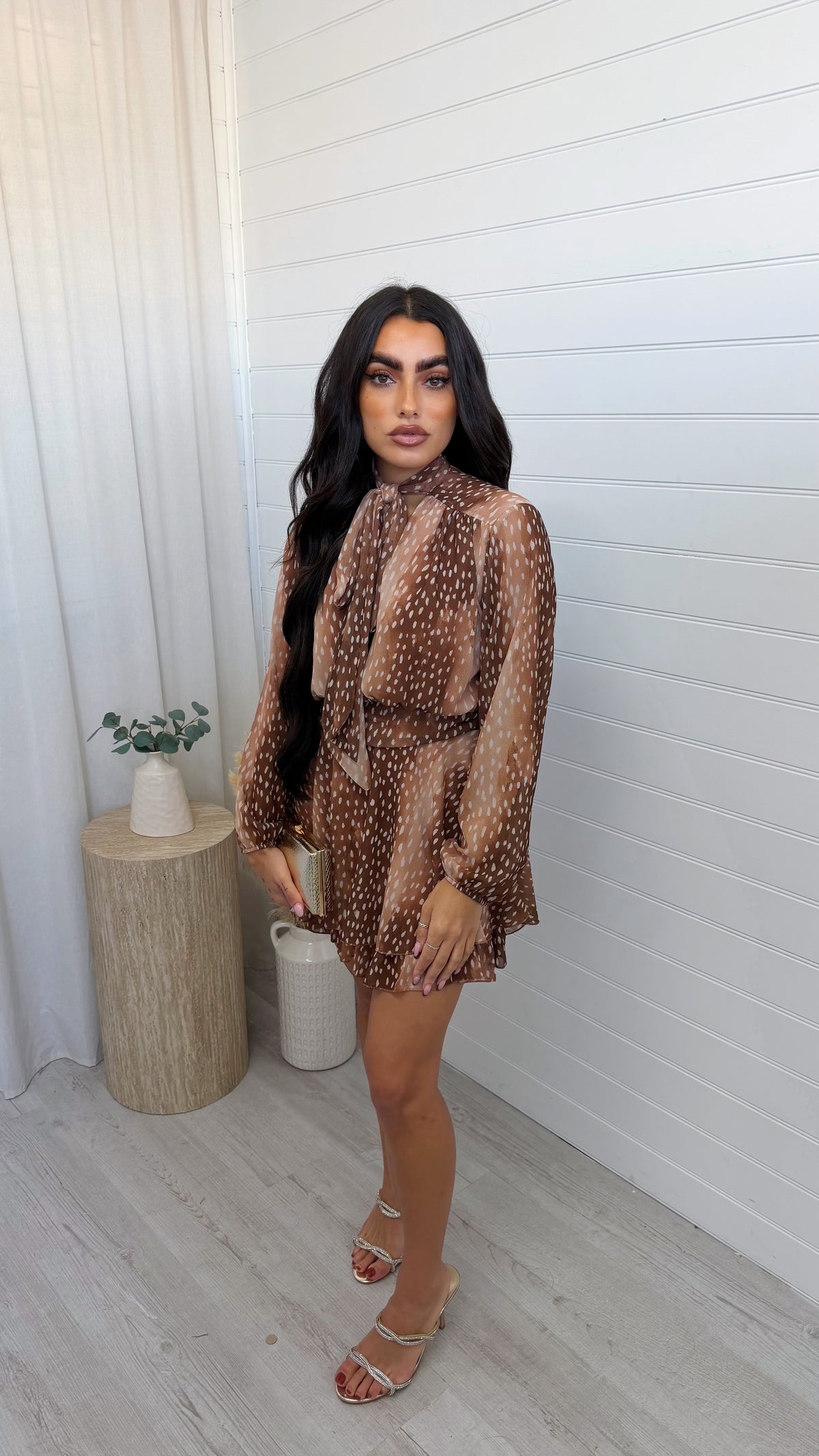 Deer Print Tie Neck Dress - BROWN