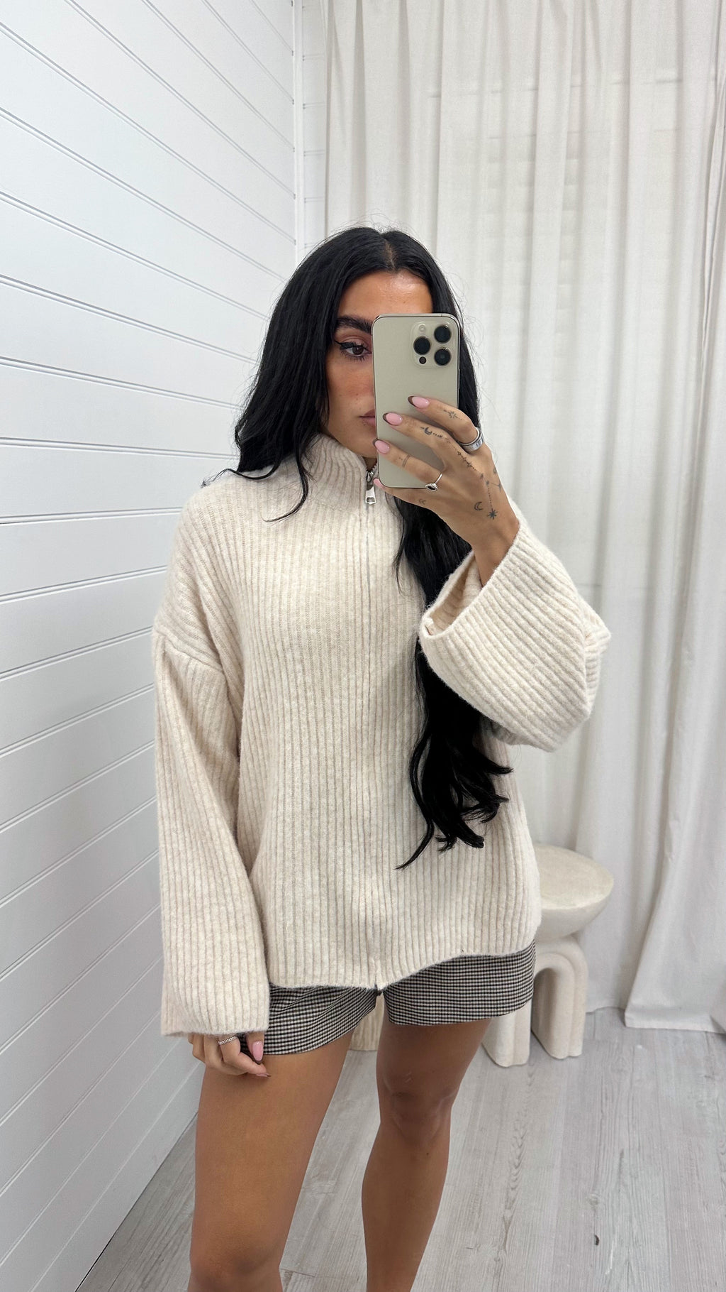 Chunky Rib Woollen Jacket - CREAM