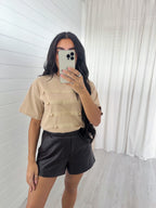 Button Front T-Shirt - BEIGE