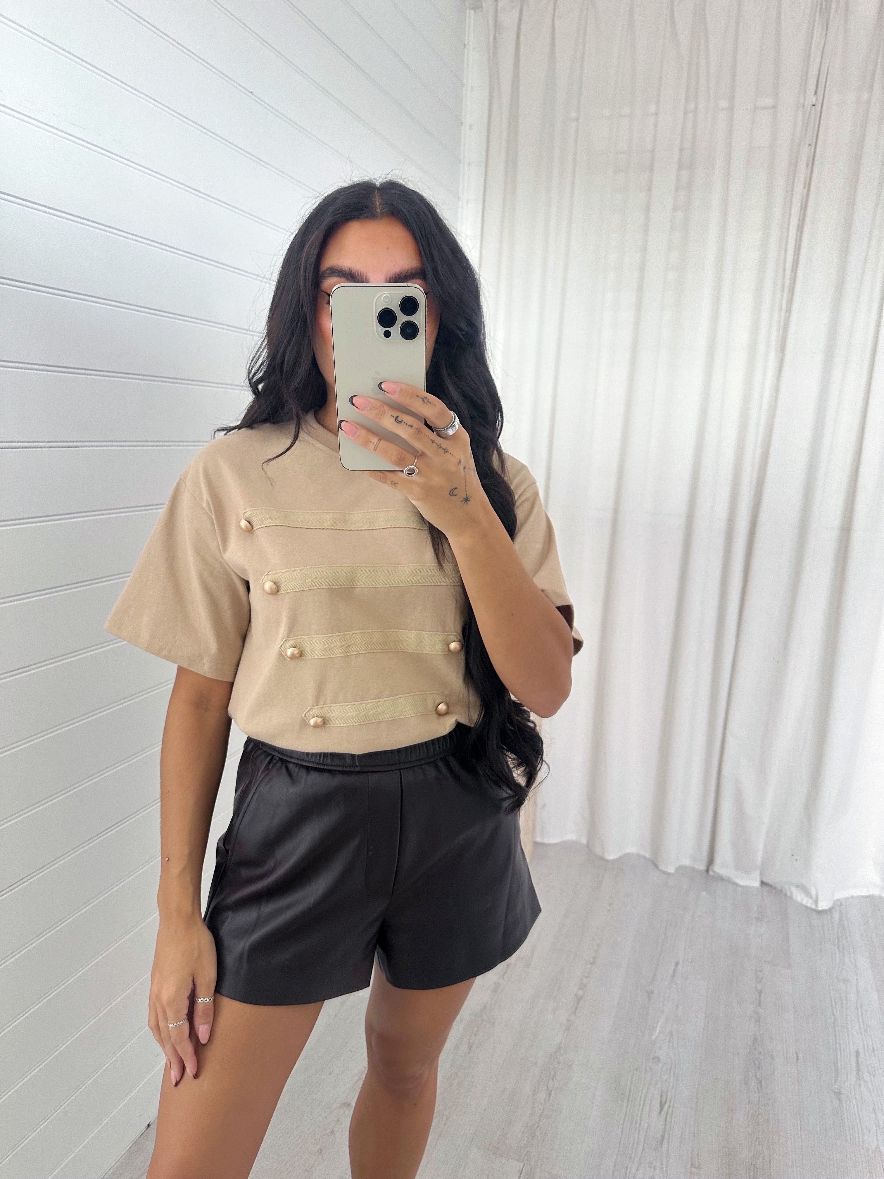 Button Front T-Shirt - BEIGE