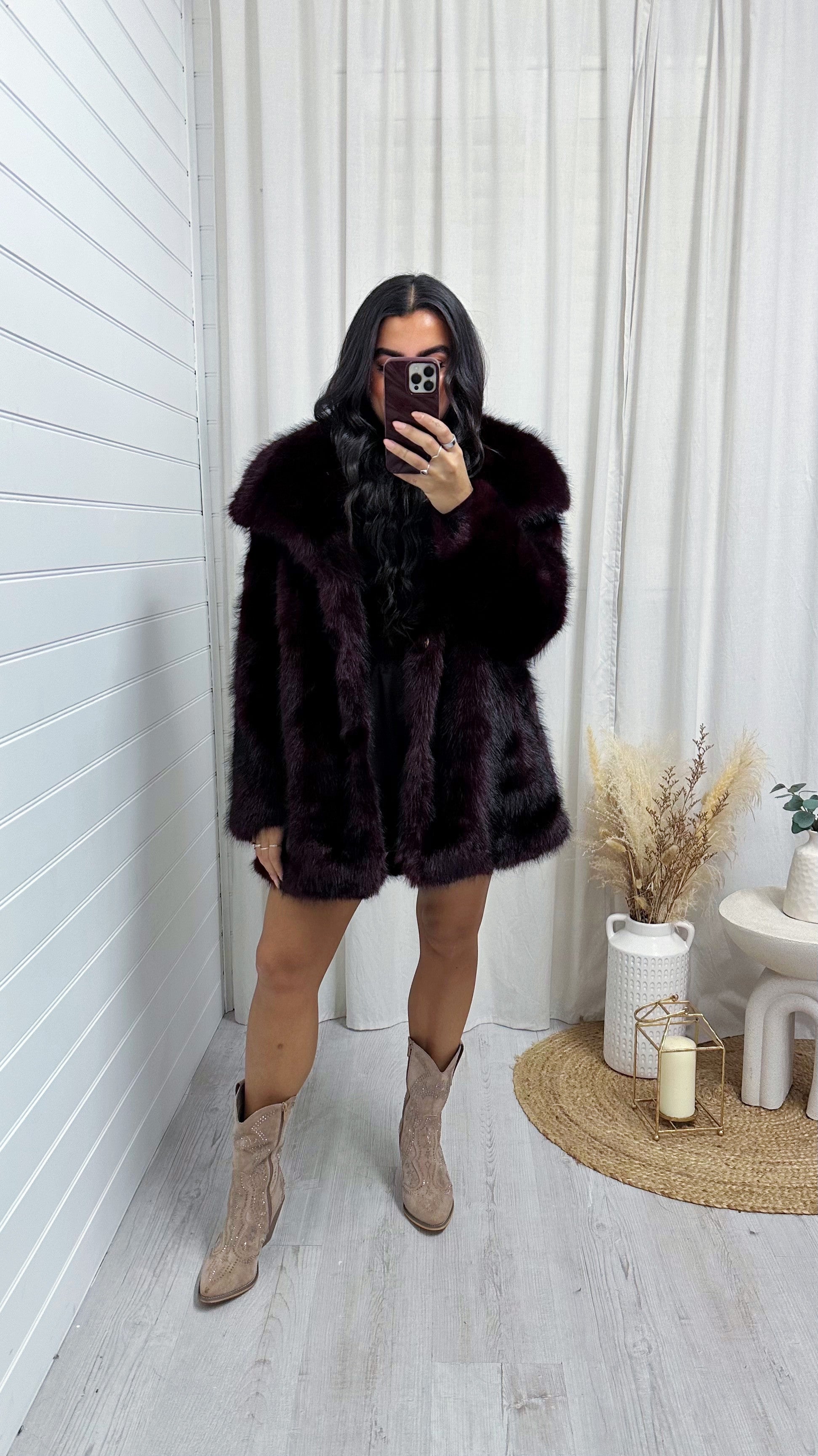 Long Faux Fur Lapel Coat - WINE
