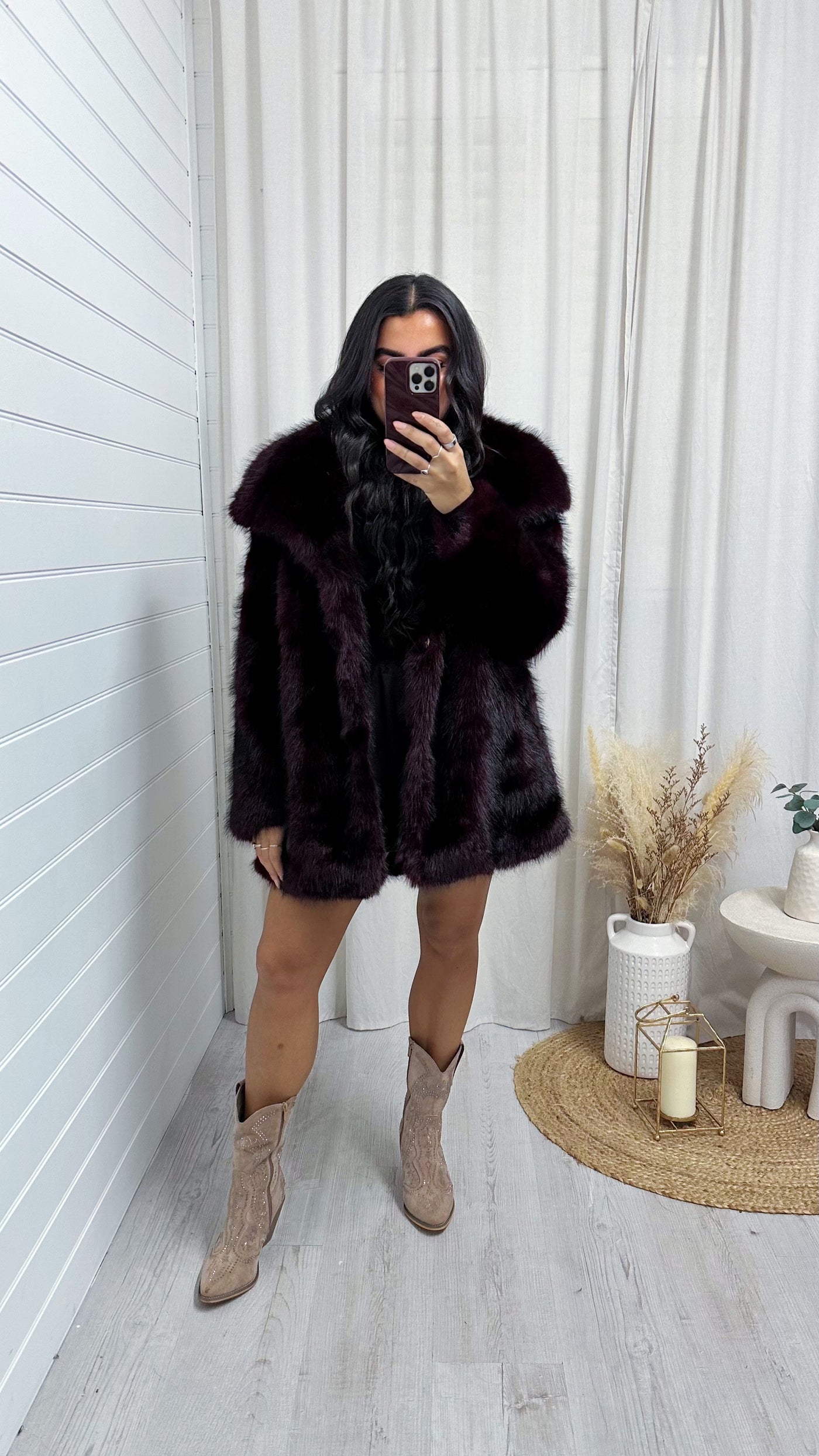 Long Faux Fur Lapel Coat - WINE