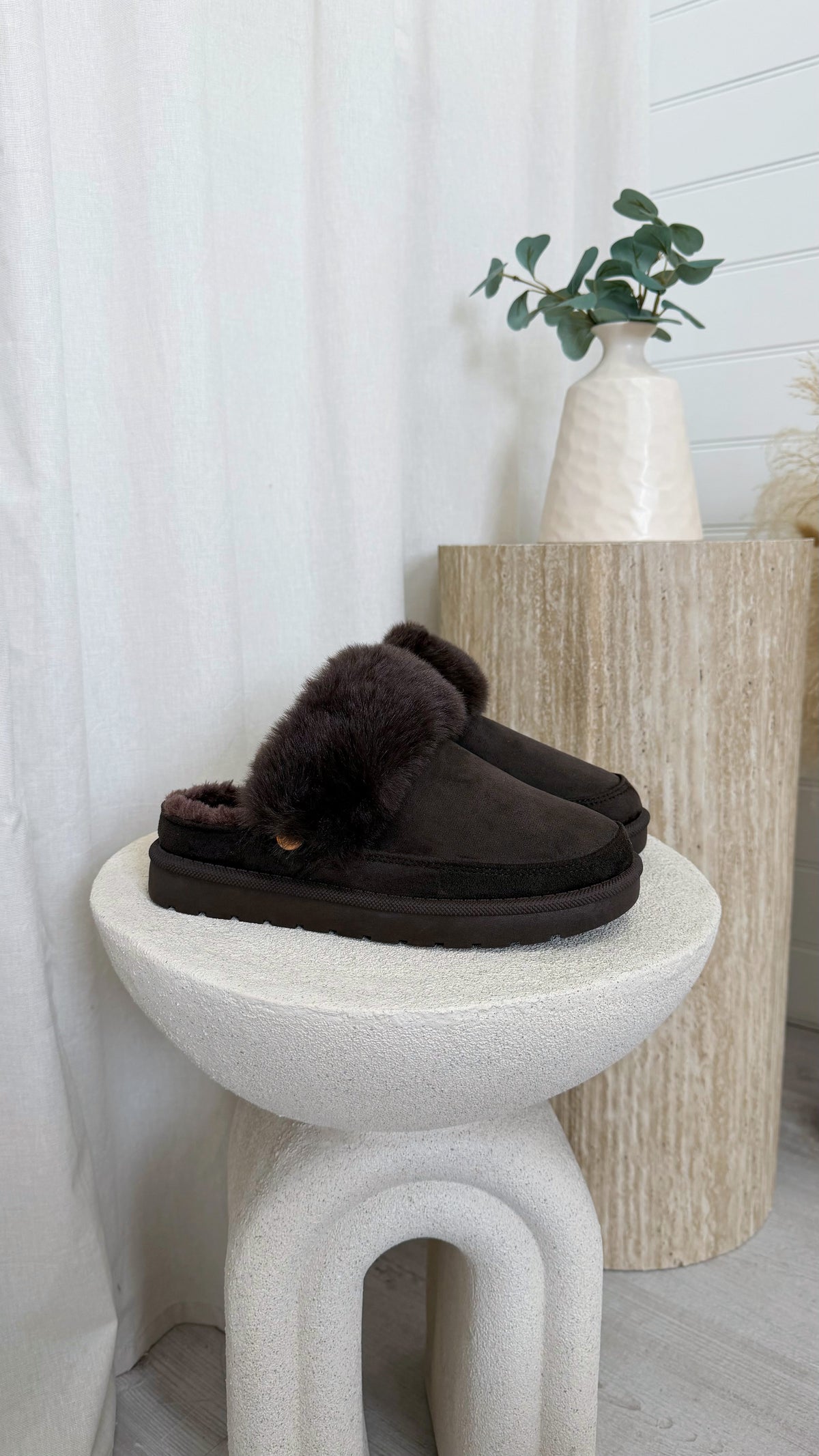 Faux Fur Strap Mule - BROWN