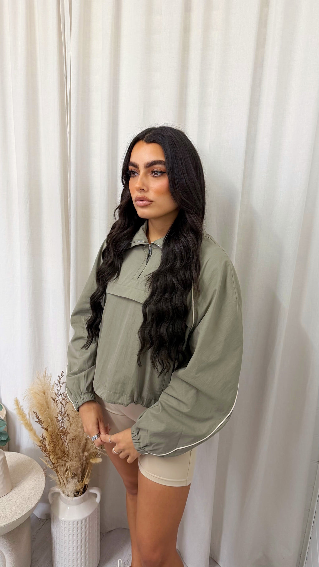 Piped Half Zip Windbreaker - KHAKI