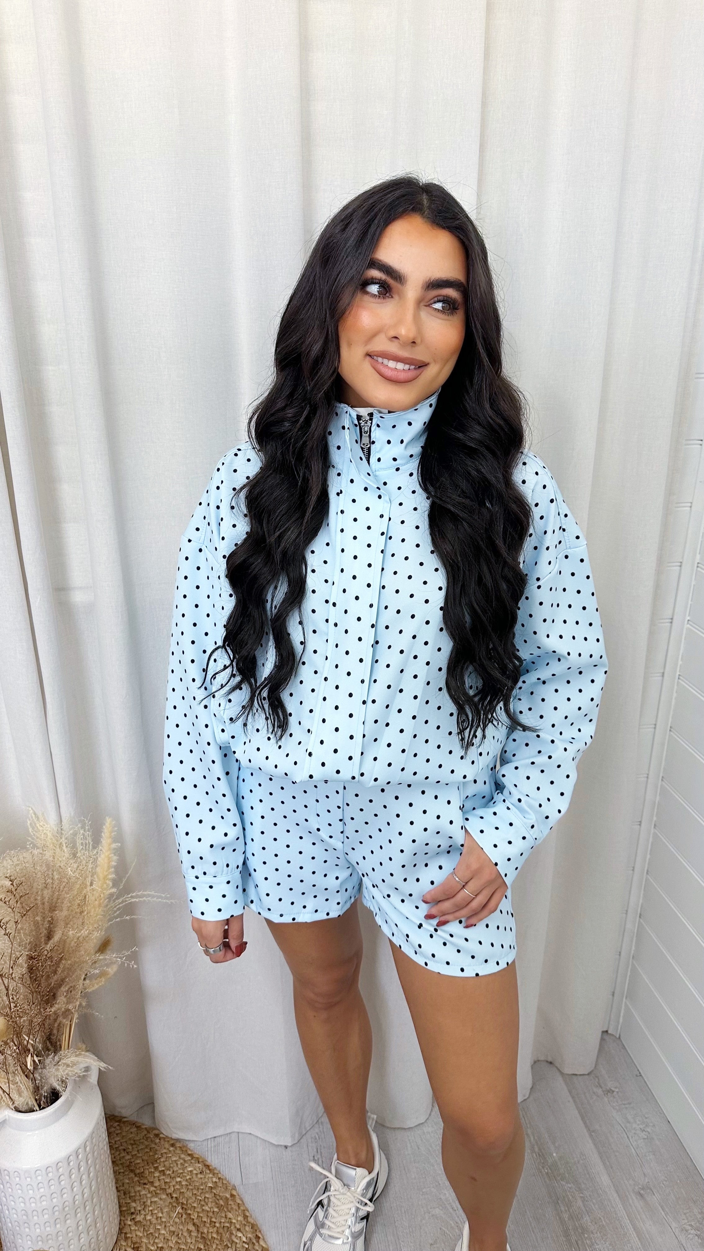 Polka Dot Bomber Jacket and Shorts Co-Ord - BABY BLUE