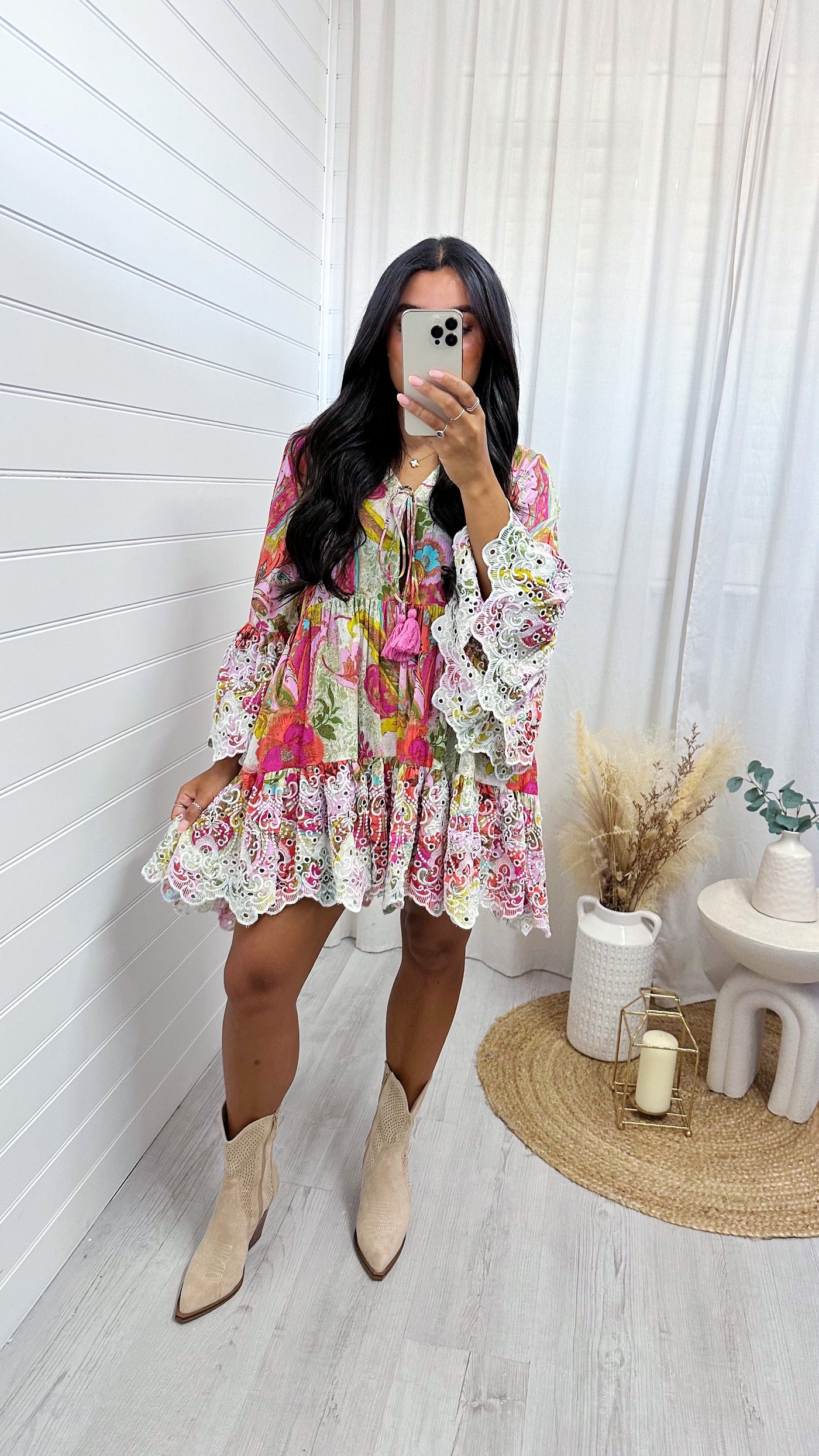 Embroidery Anglaise Floral Bell Sleeve Dress - PINK/ORANGE