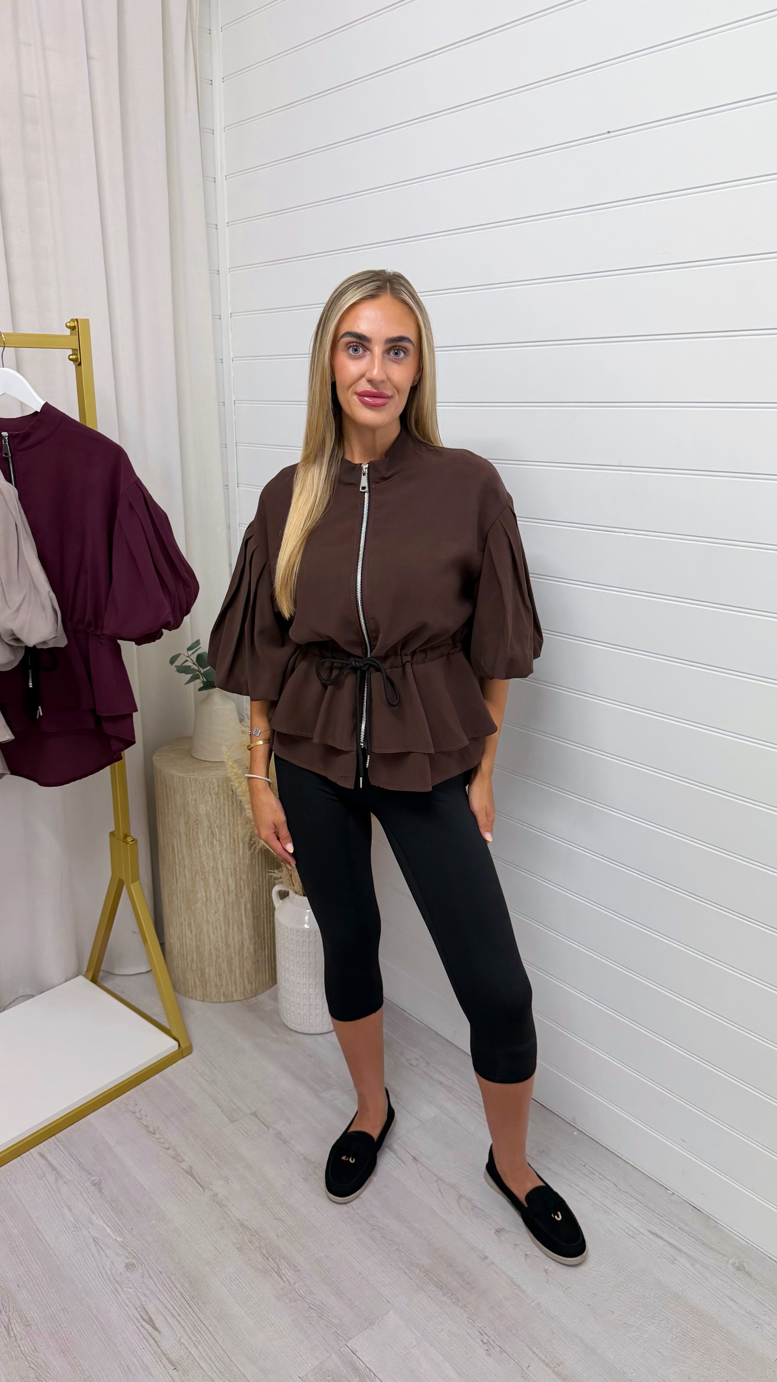 Balloon Sleeve Frill Shacket - BROWN
