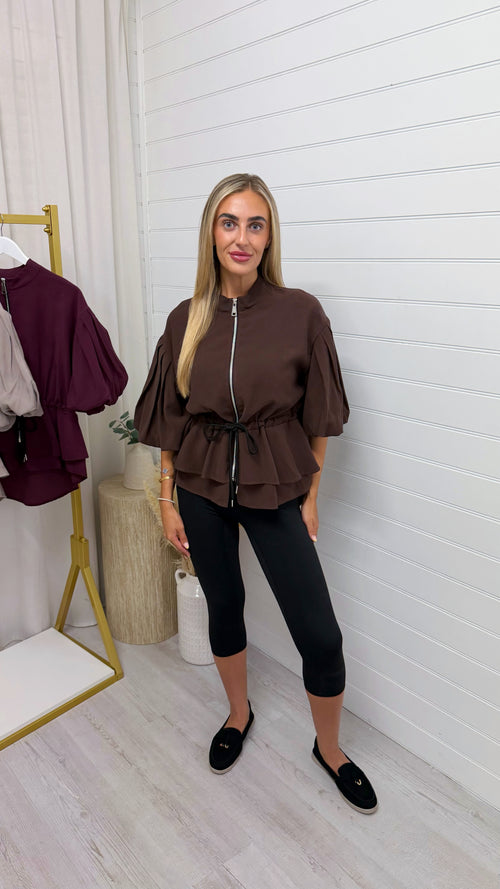 Balloon Sleeve Frill Shacket - BROWN
