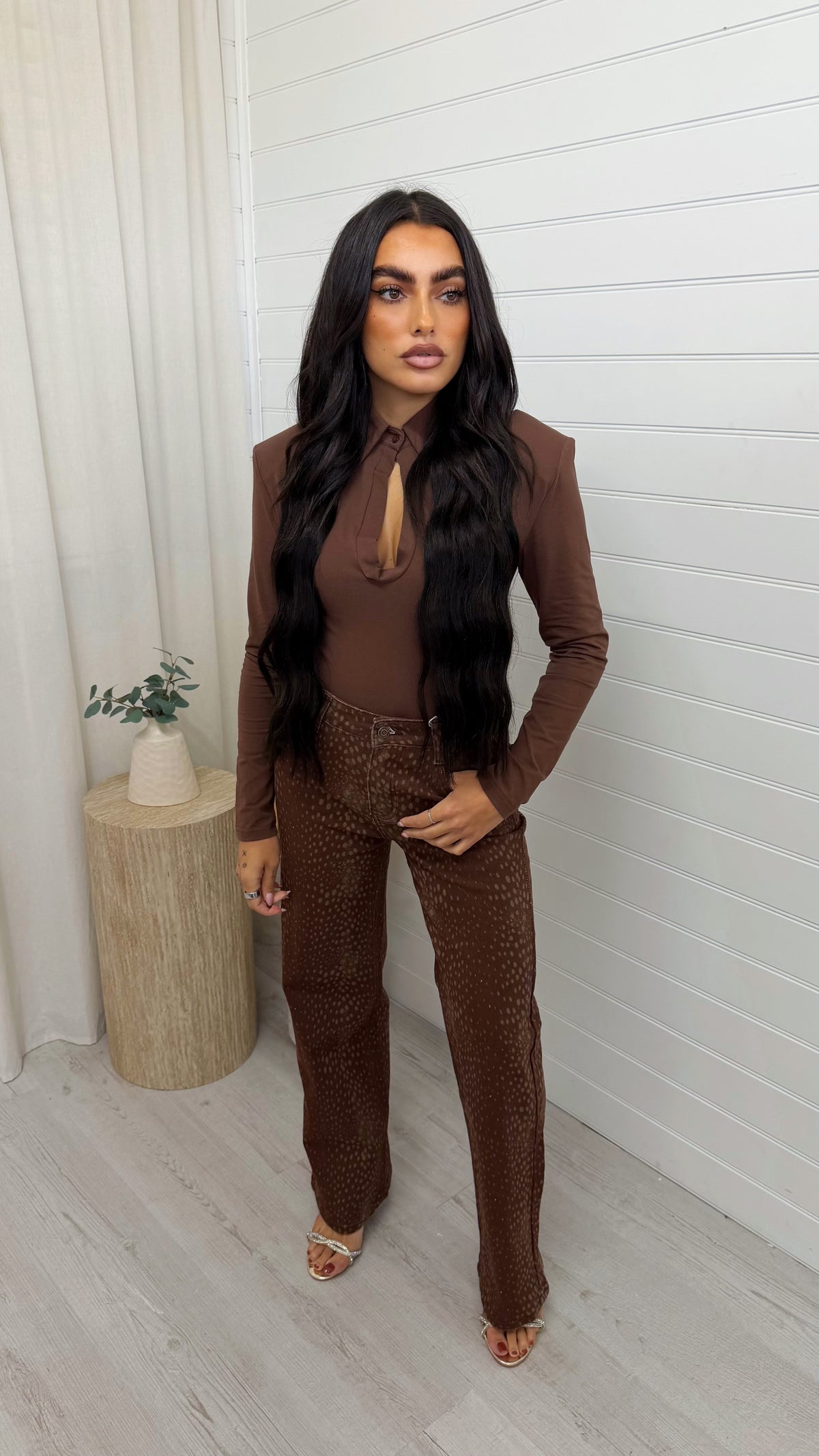 Deer Print Straight Leg Jeans - BROWN