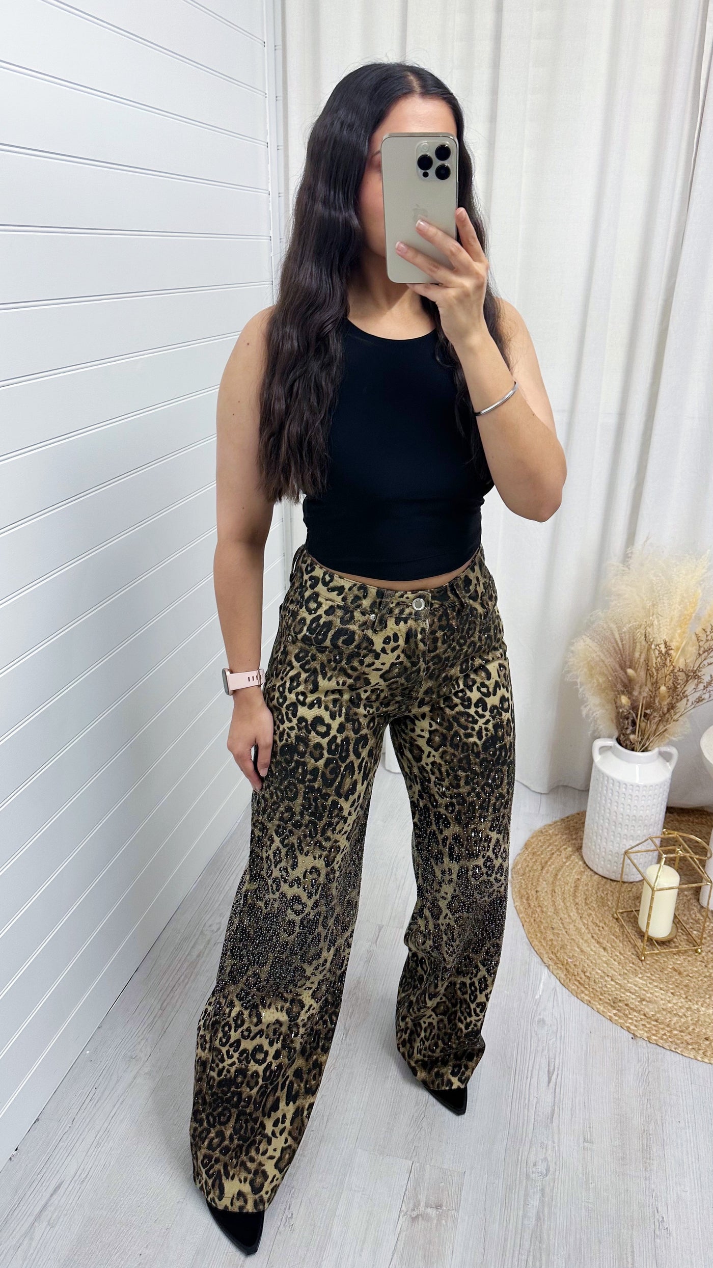 Rhinestone Leopard Print Wide Leg Jeans