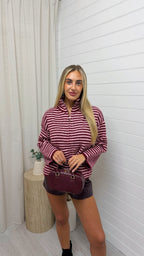 Double Zip Knitted Stripe Jacket - PINK/BURGUNDY