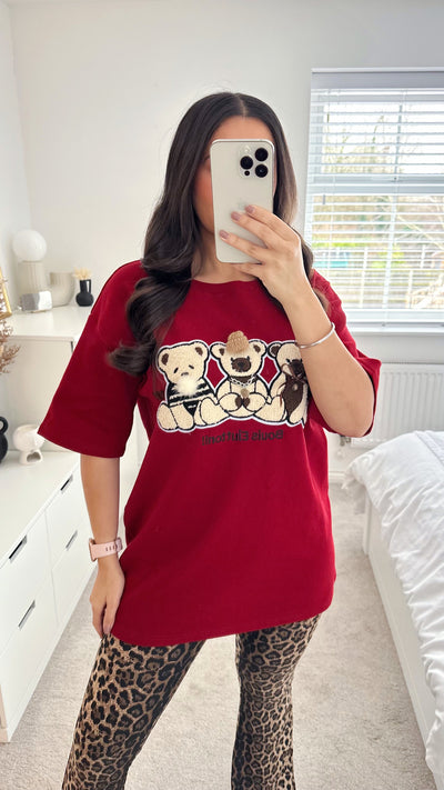 3D Teddy Bear Oversized T-Shirt - CHERRY RED