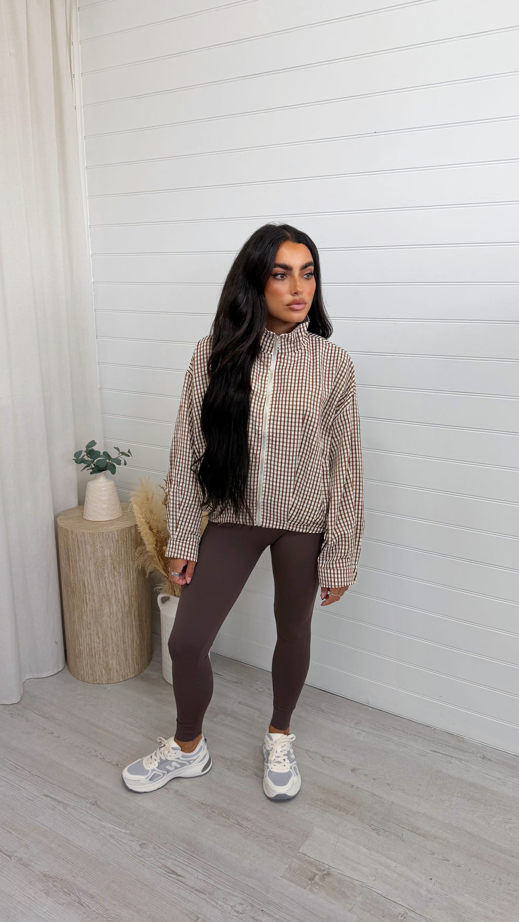 Lightweight Check Bomber Jacket - CREAM/BROWN