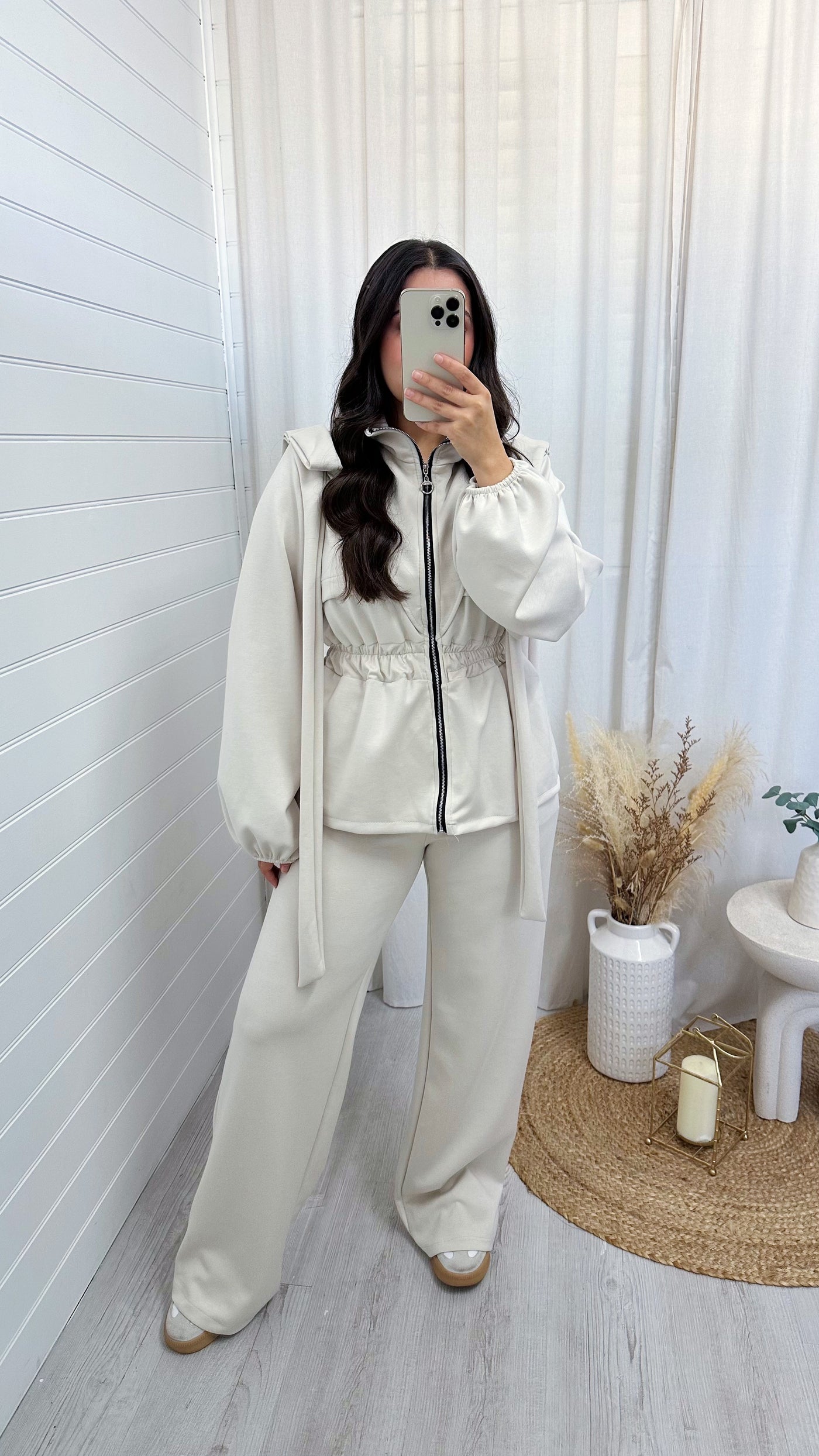 Bow Shoulder Cinched Jacket and Straight Leg Joggers Tracksuit - CREAM