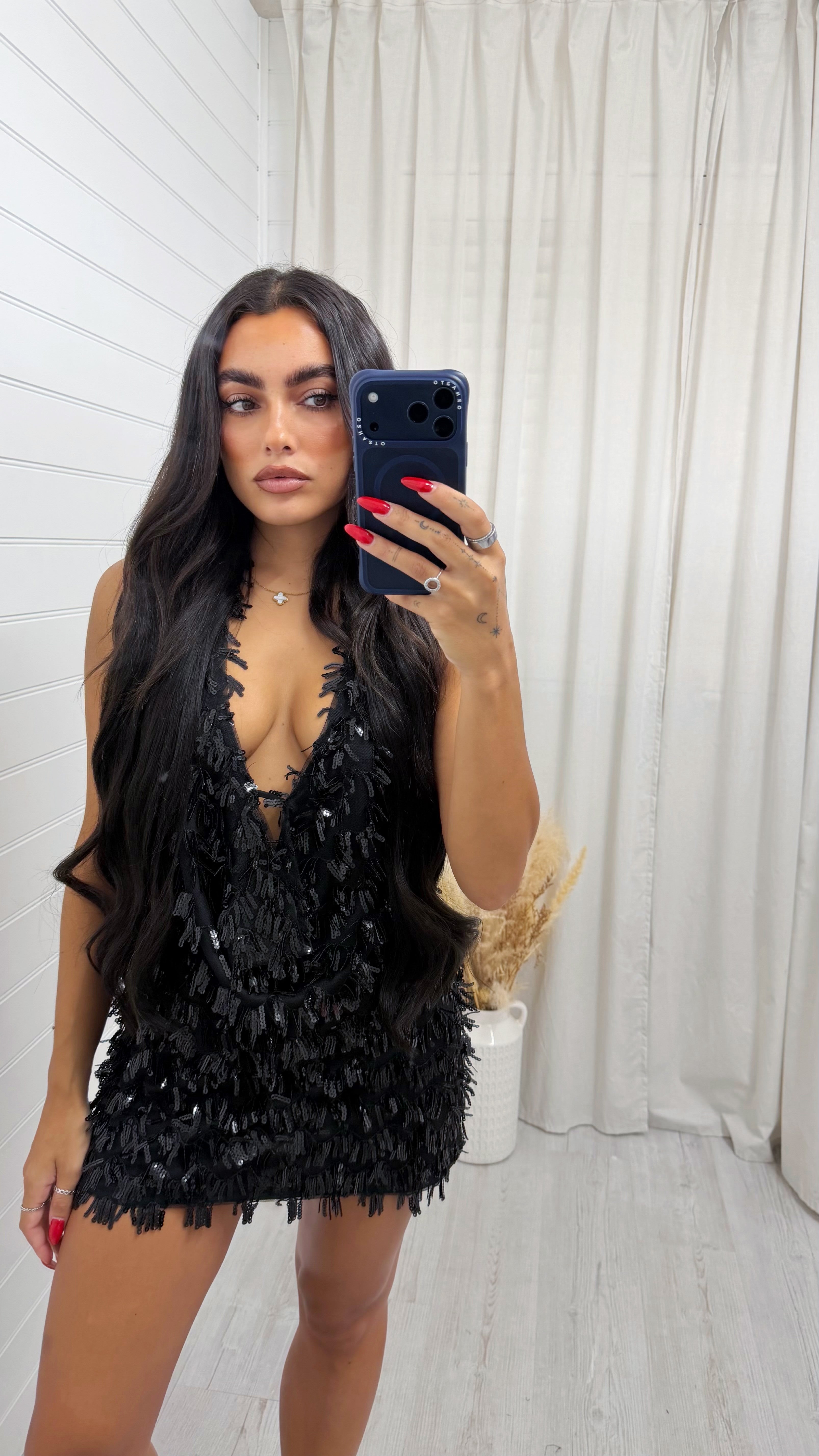 Cowl Neck Sequin Top and Skirt Set - BLACK