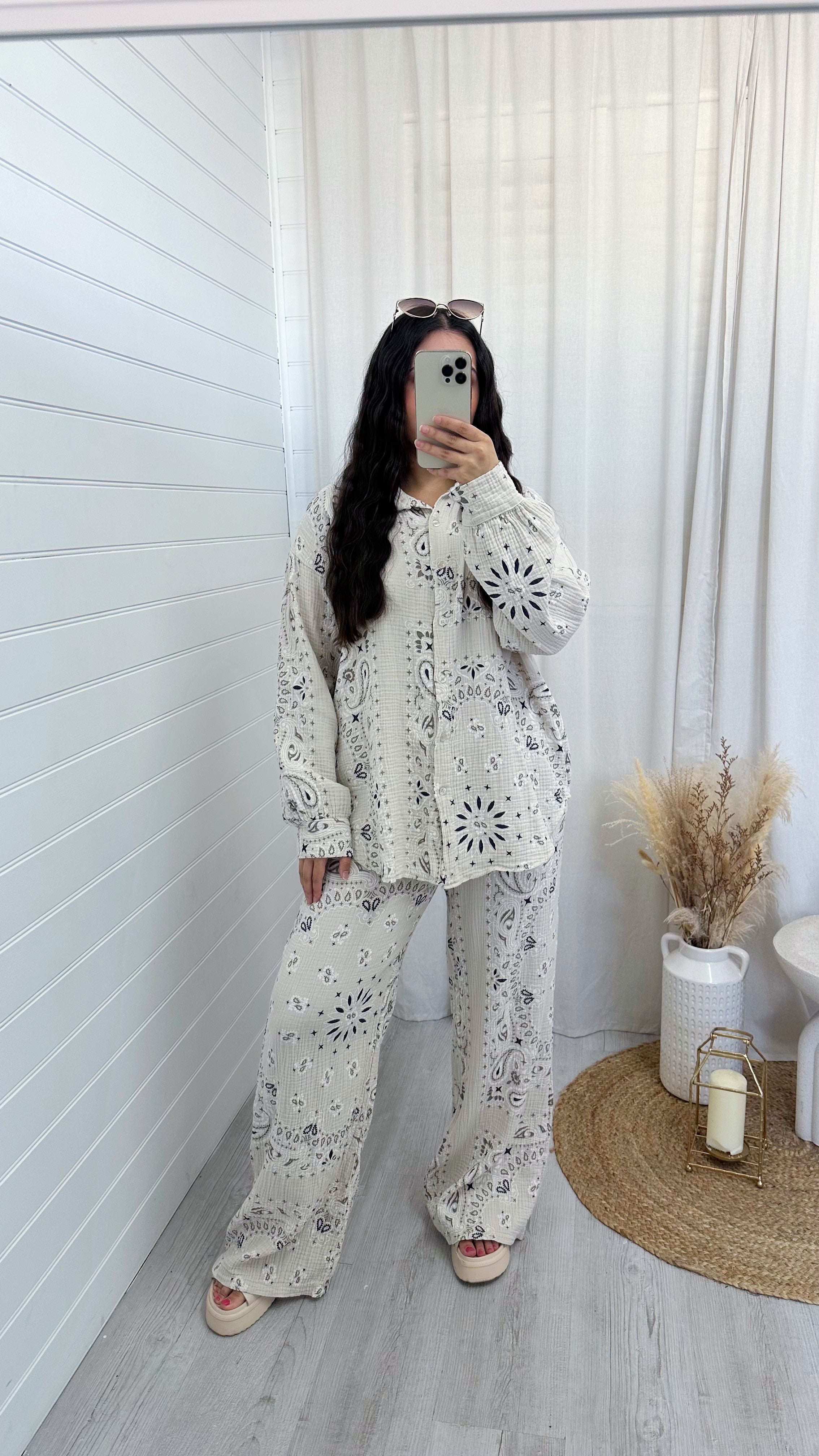Paisley Cheesecloth Shirt and Trousers Co-Ord - BEIGE