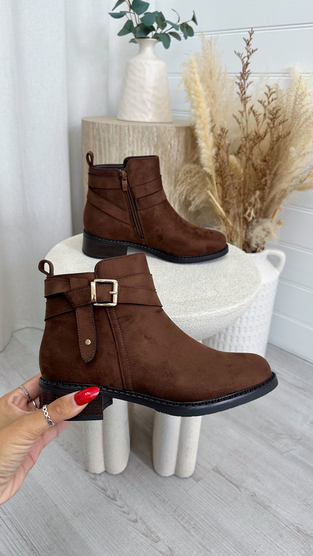 Suede Buckle Ankle Boots - TAN