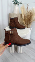 Suede Buckle Ankle Boots - TAN