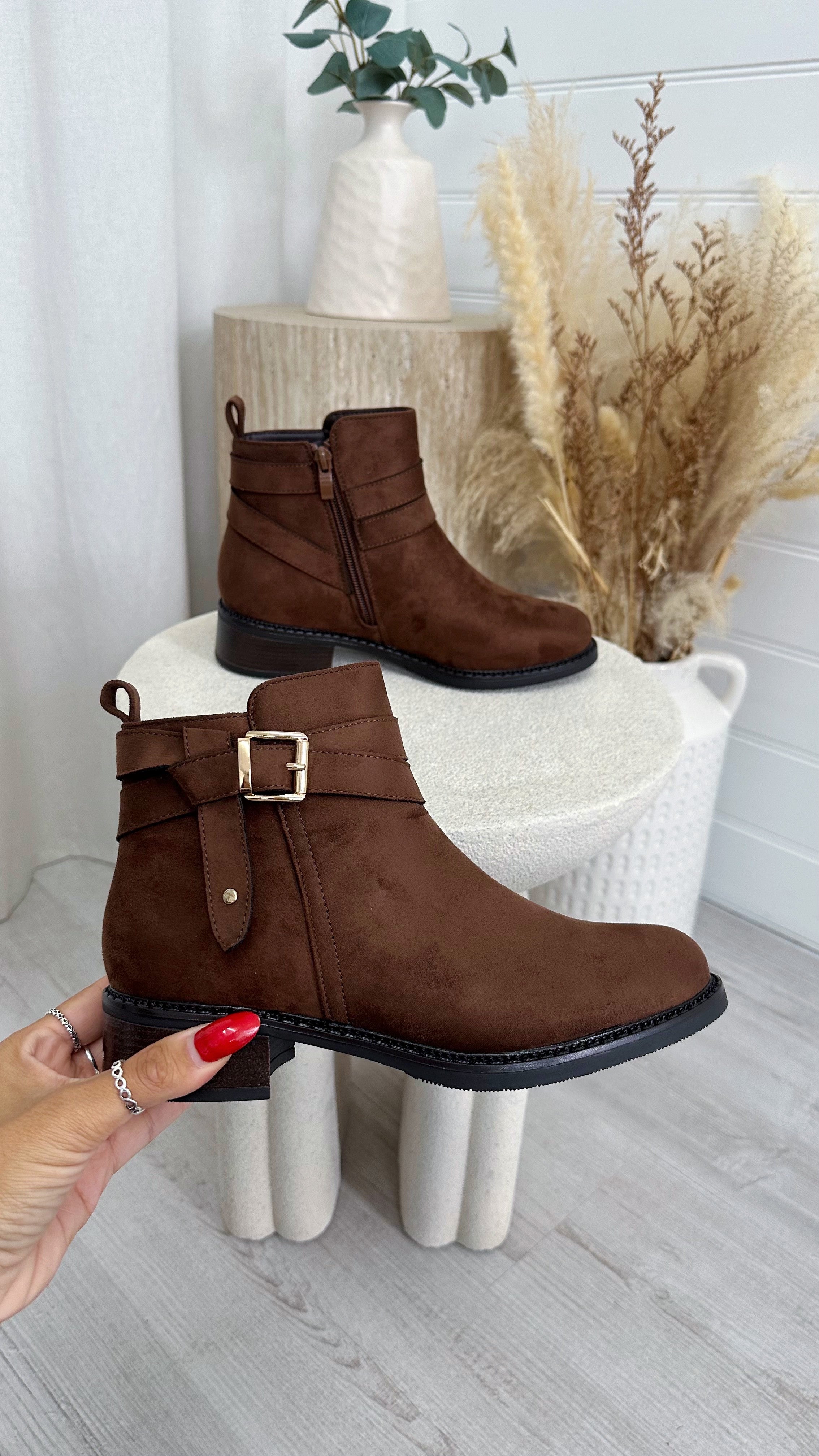 Suede Buckle Ankle Boots - TAN