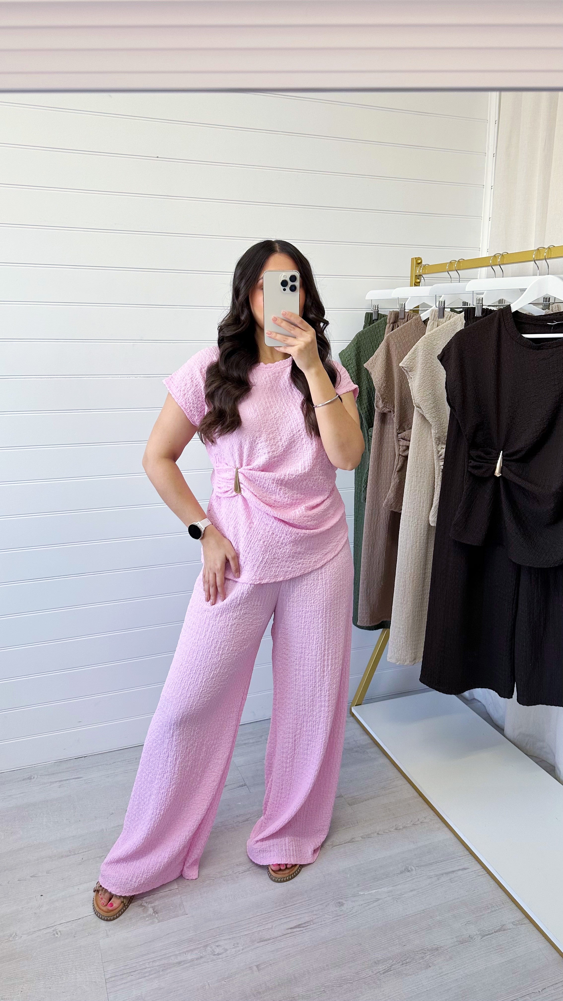 Gold Clasp Ruched Top and Wide Leg Trousers Co-Ord - PINK