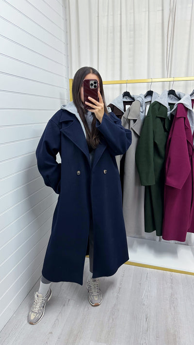 Oversized Woollen Hooded Mac - NAVY