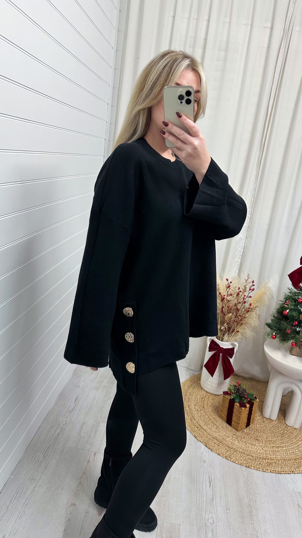 Fine Knitted Gold Button Oversized Jumper - BLACK