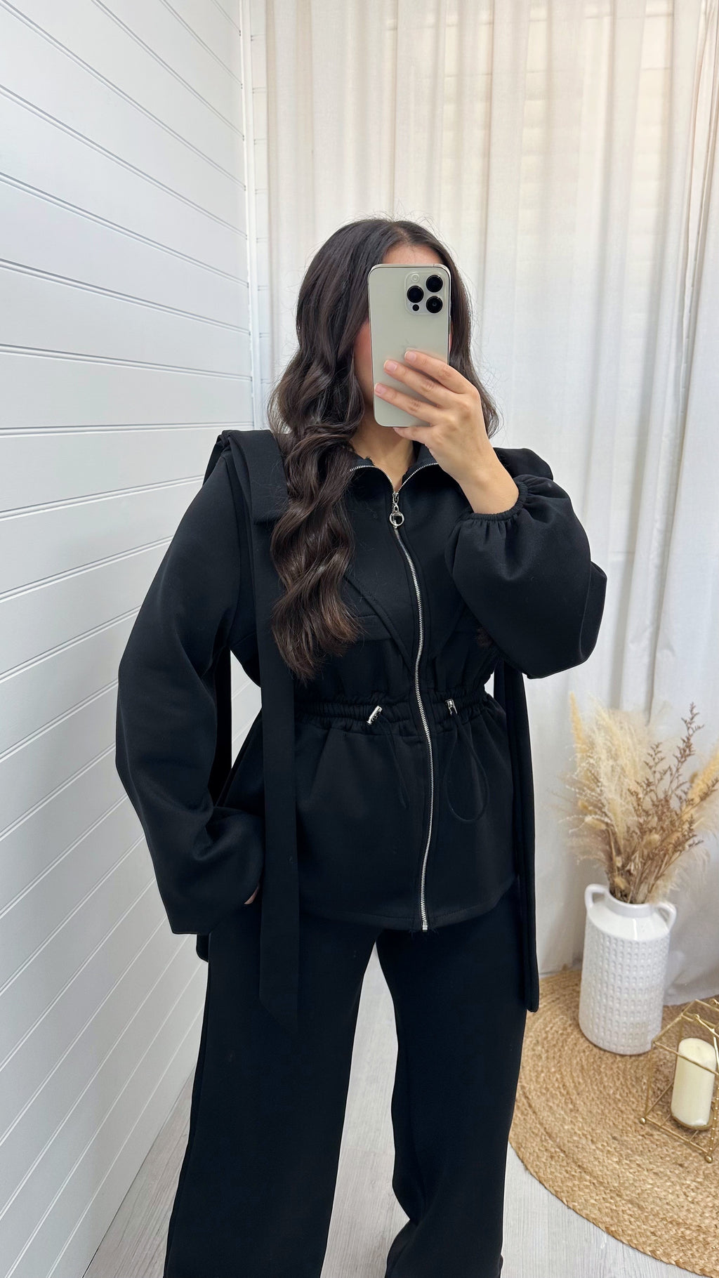 Bow Shoulder Cinched Jacket and Straight Leg Joggers Tracksuit - BLACK