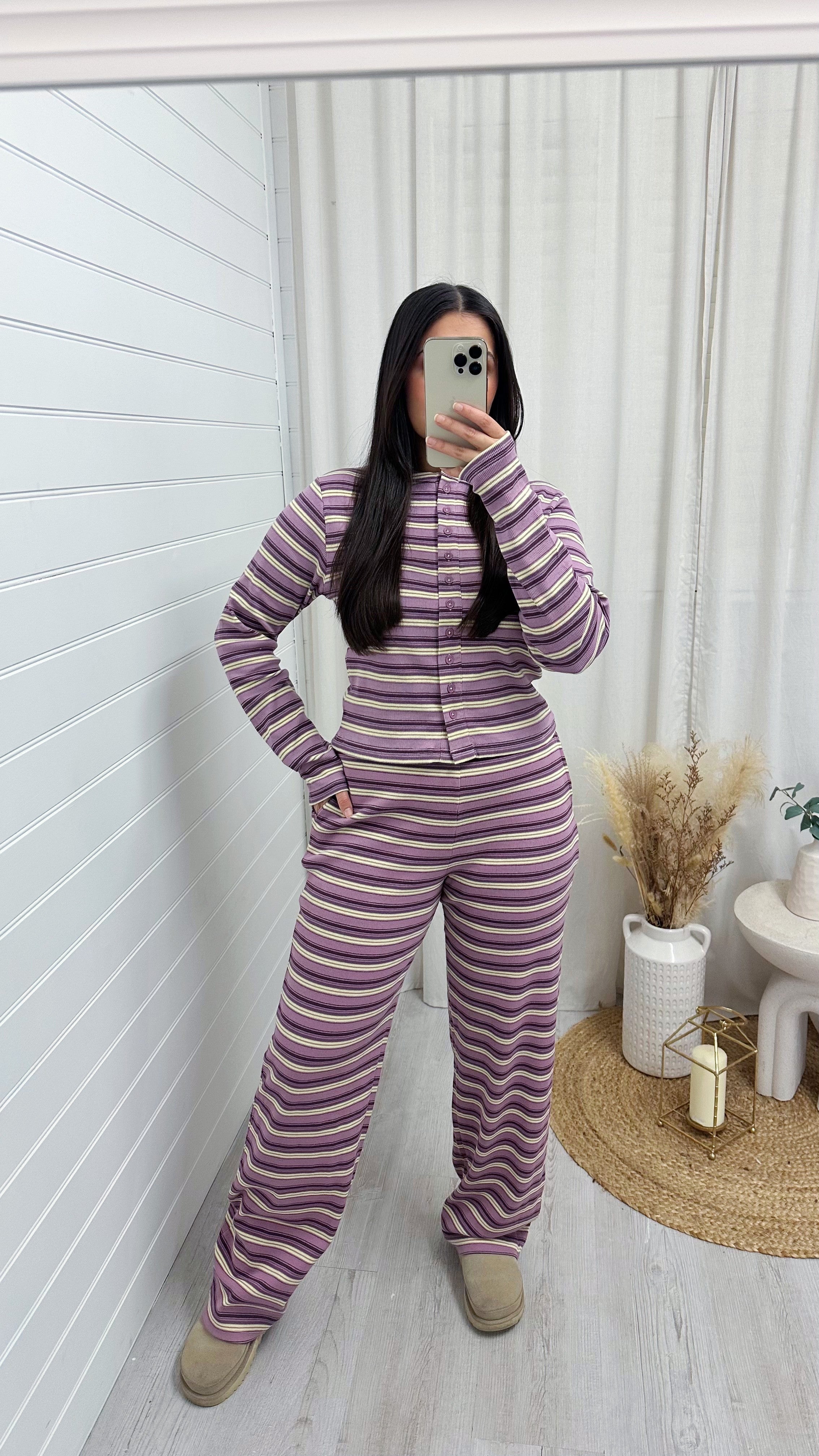 Stripe Knit Cardigan and Straight Leg Joggers Co-Ord - LILAC/LEMON