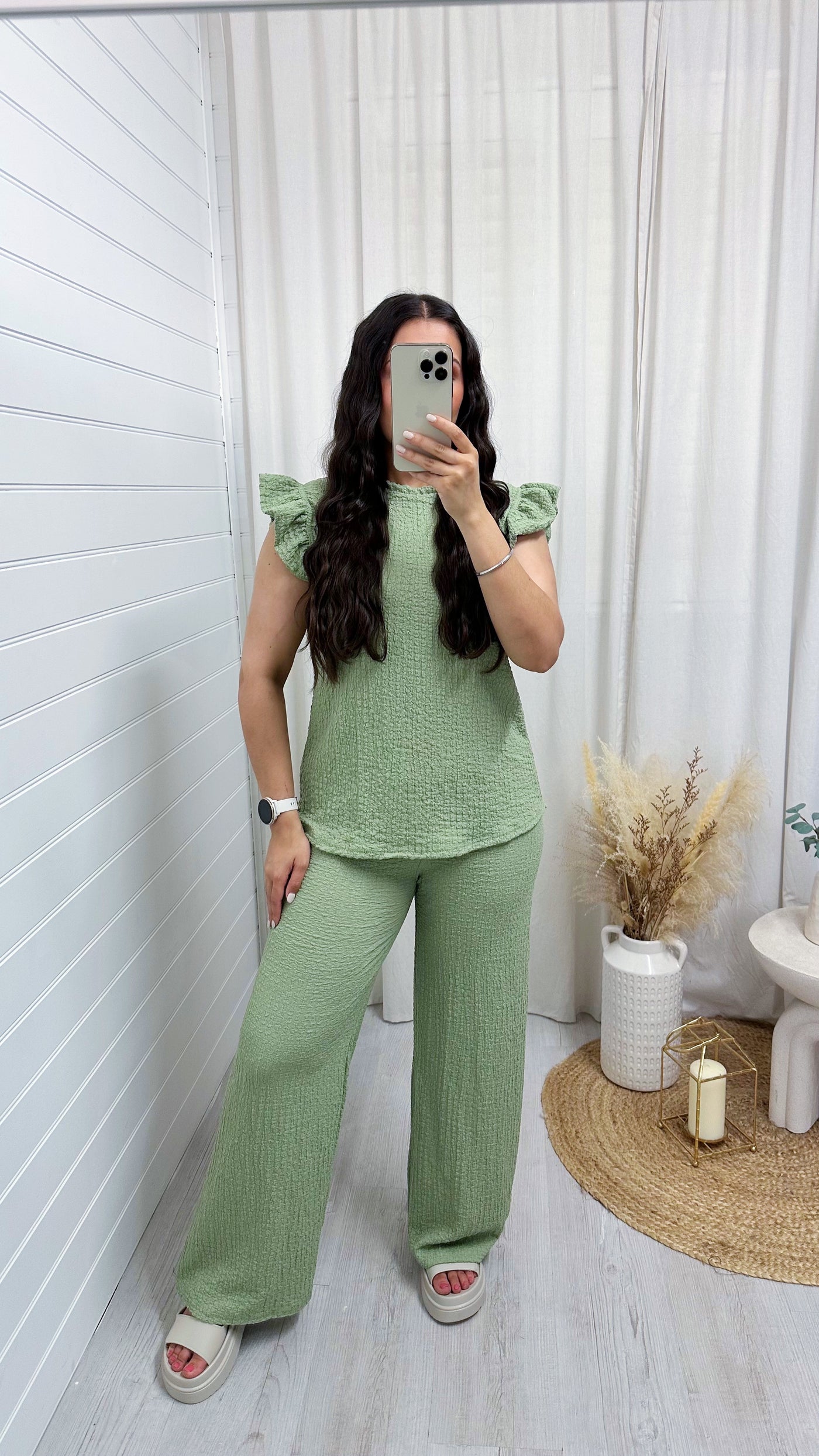 Cheesecloth Frill Shoulder Top and Trousers Co-Ord - MINT
