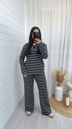 Chunky Stripe Rugby Sweatshirt and Trousers Co-Ord - BLACK