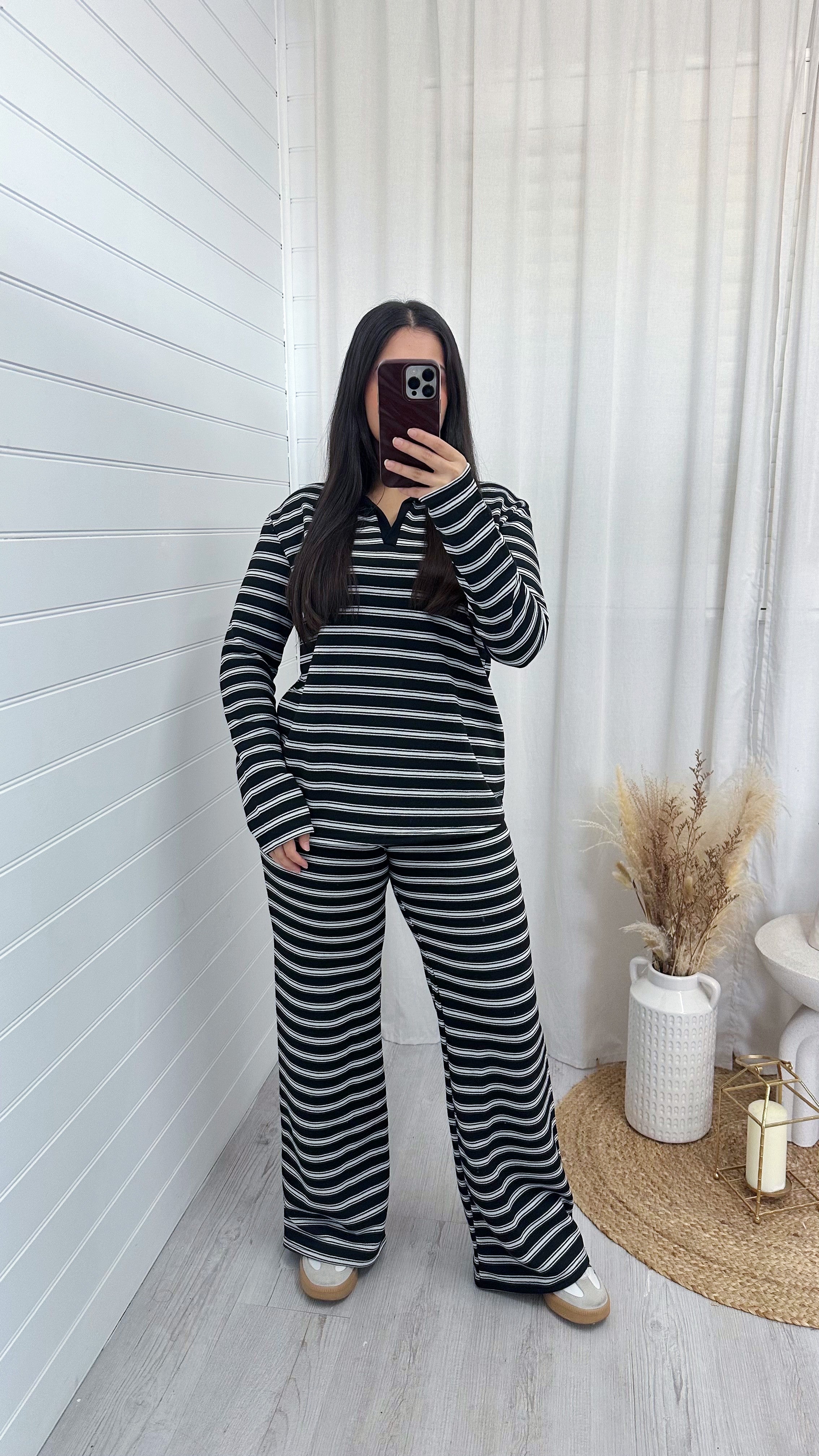 Chunky Stripe Rugby Sweatshirt and Trousers Co-Ord - BLACK