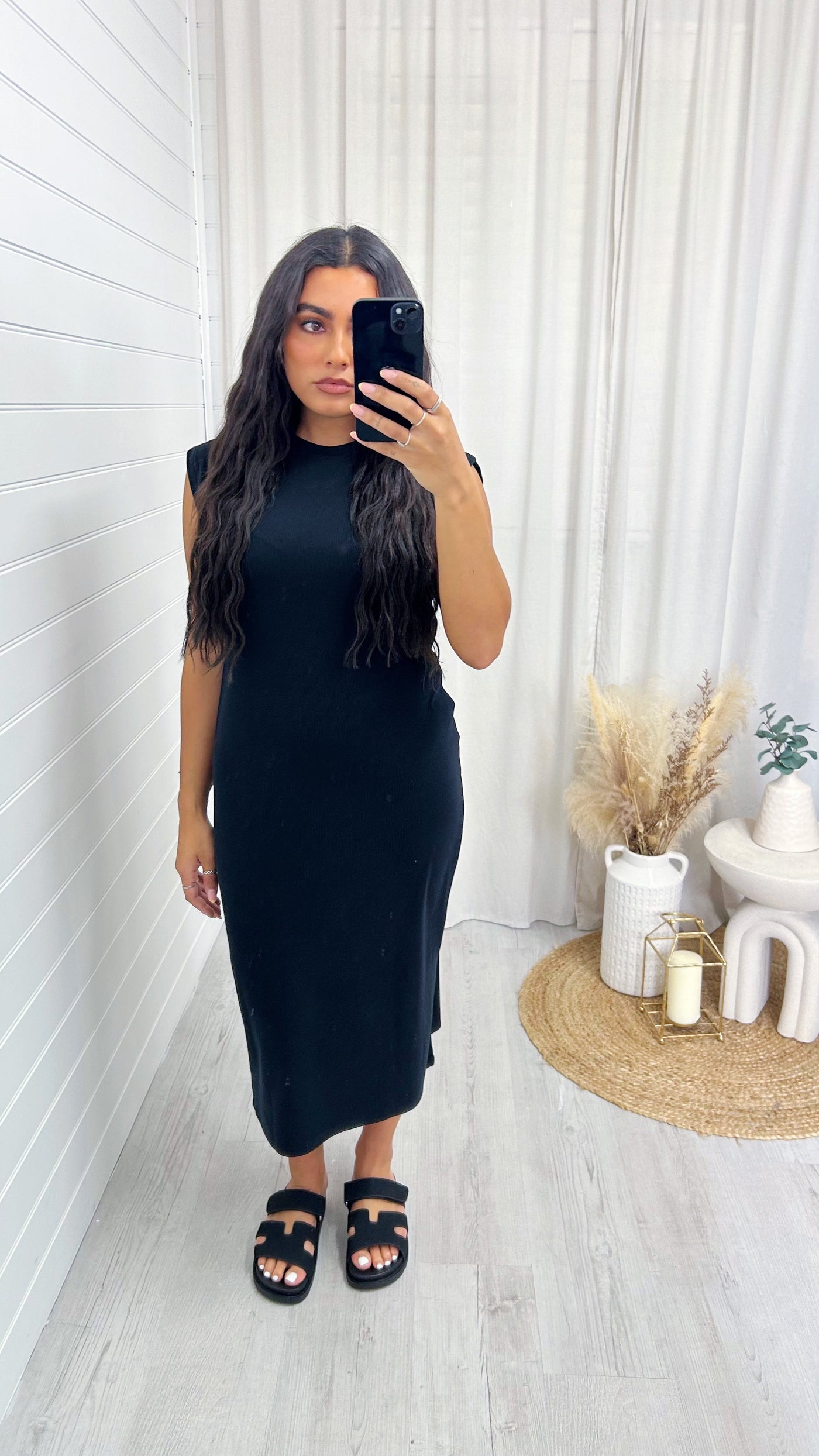 Soft Ribbed Sleeveless Midi Dress - BLACK