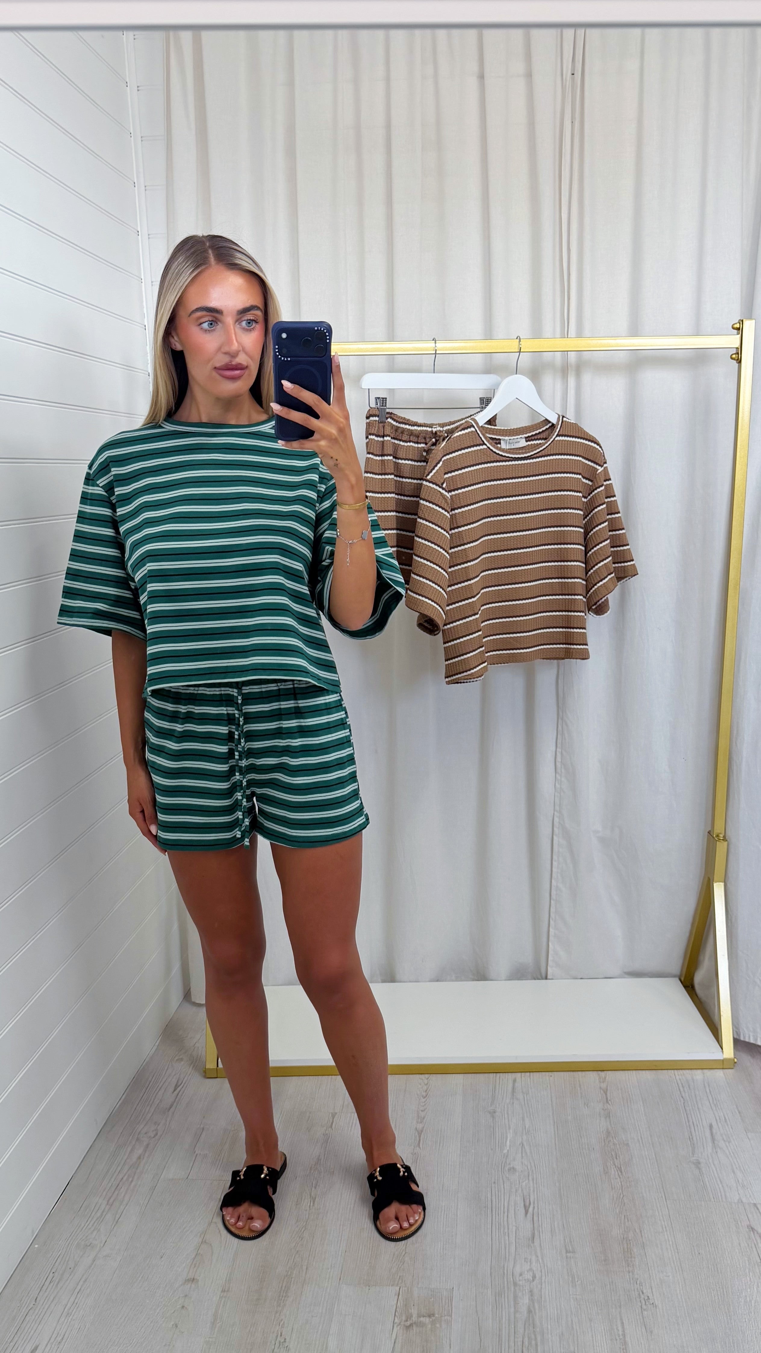 Stripey Cotton Crop Top and Shorts Co-Ord - FOREST GREEN
