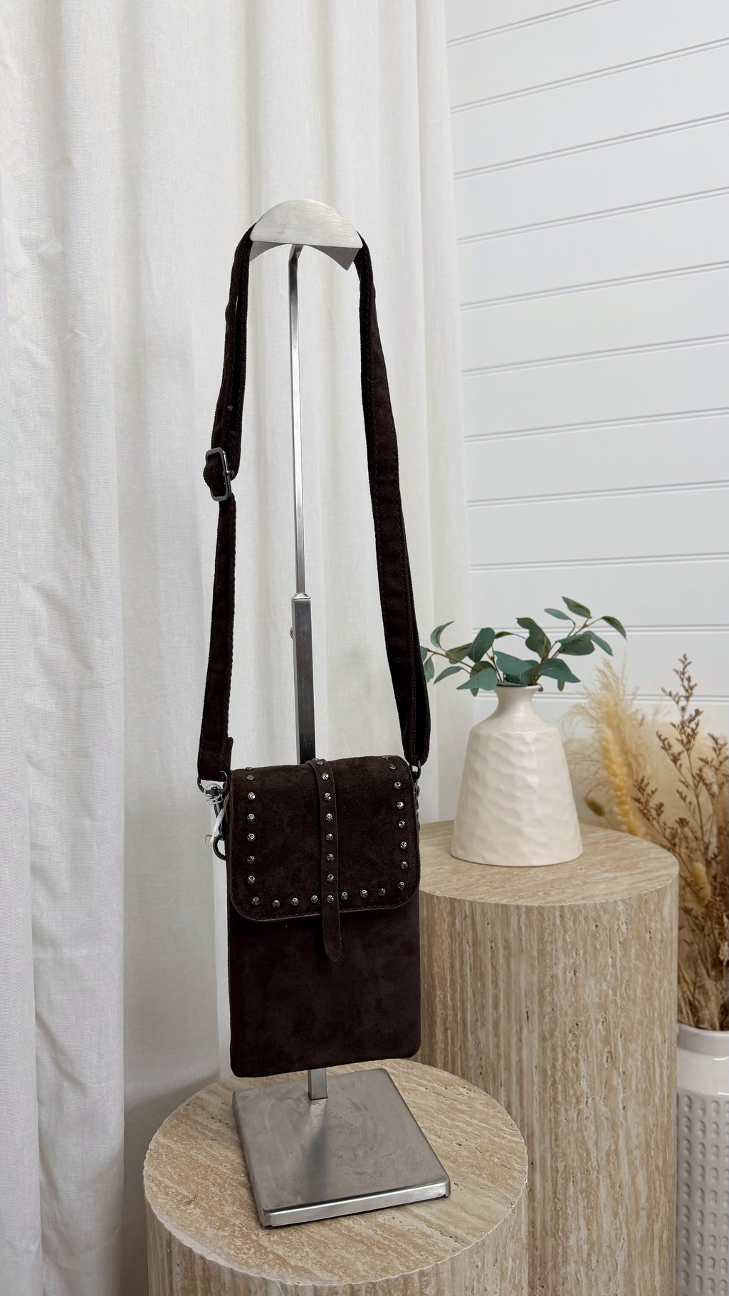 Suede Studded Mini Cross Body Bag - BROWN