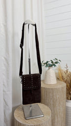 Suede Studded Mini Cross Body Bag - BROWN