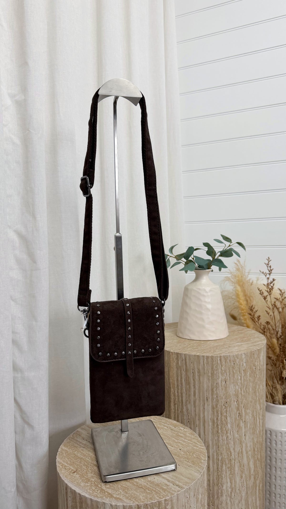 Suede Studded Mini Cross Body Bag - BROWN