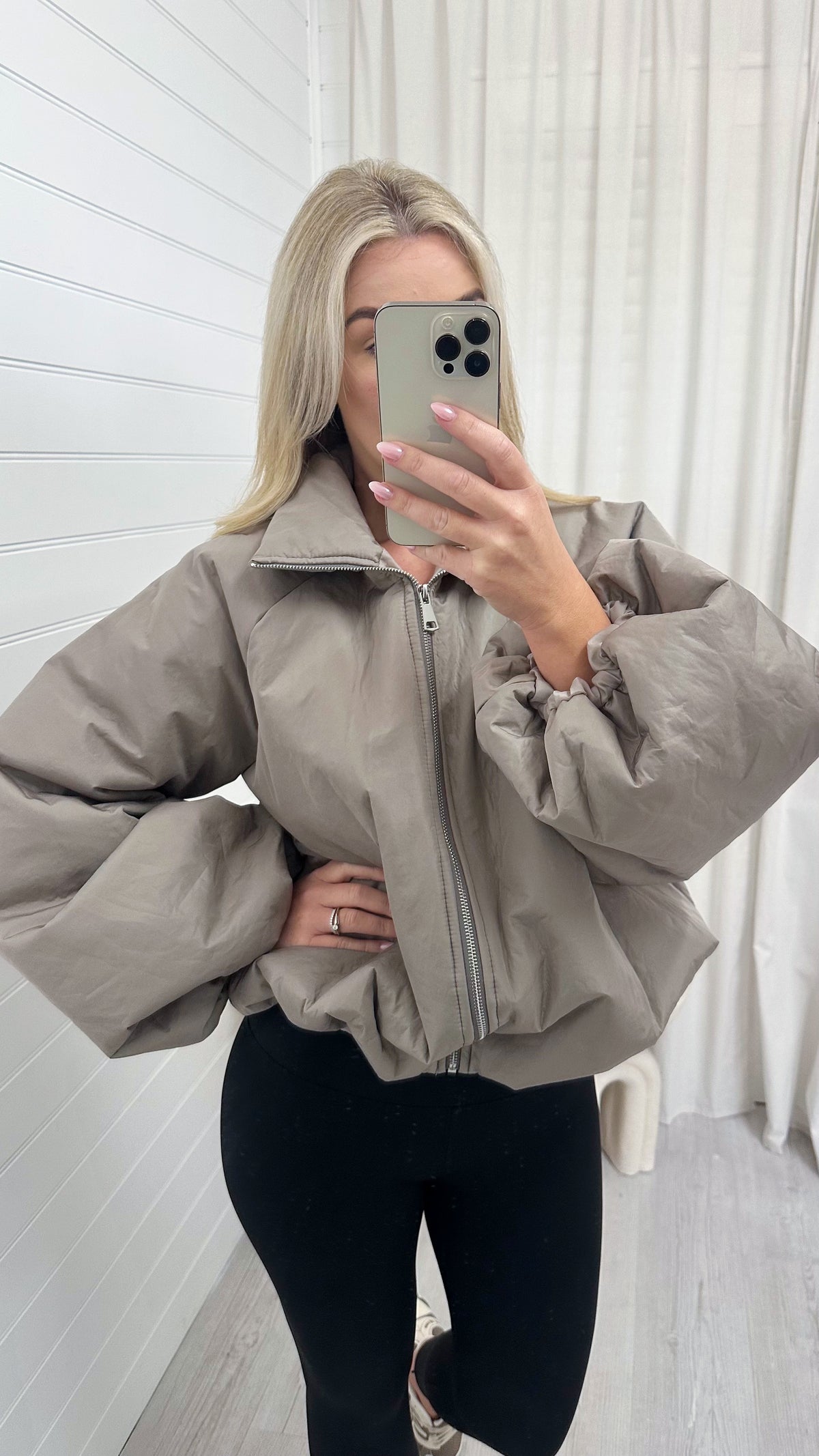 Balloon Sleeve Puffer Jacket - TAUPE