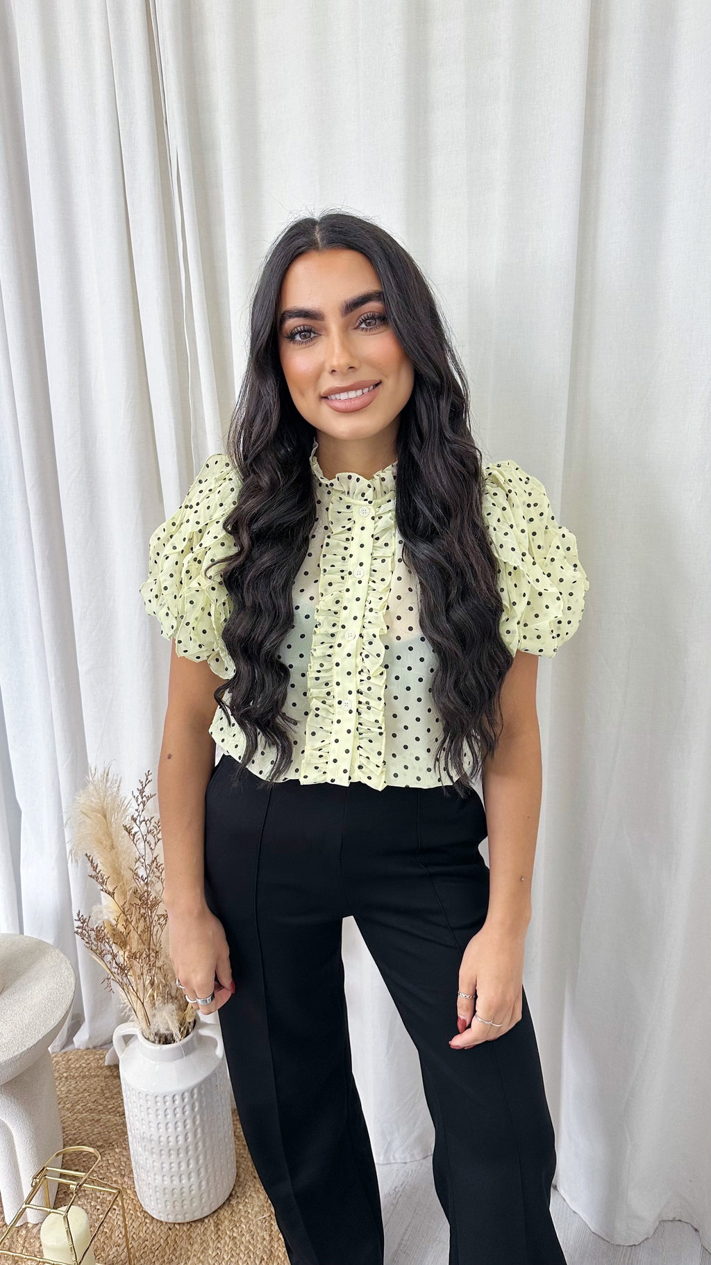 Frilly Sheer Polka Blouse - LEMON