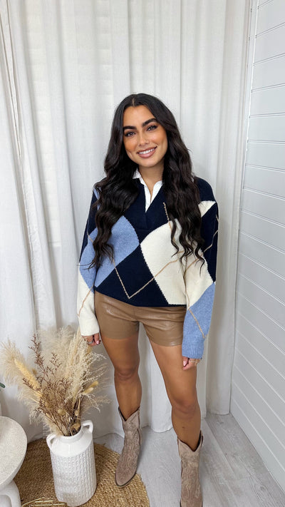 Argyle Knitted Insert Jumper - BLUE