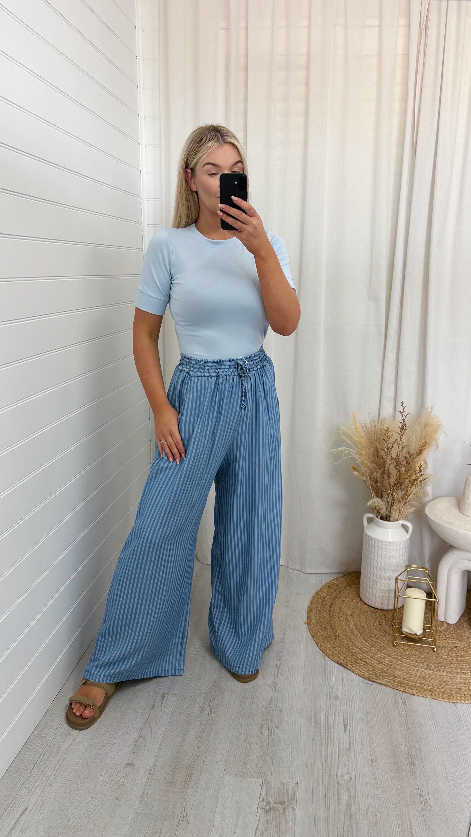 Pinstripe Wide Leg Trousers - DARK DENIM