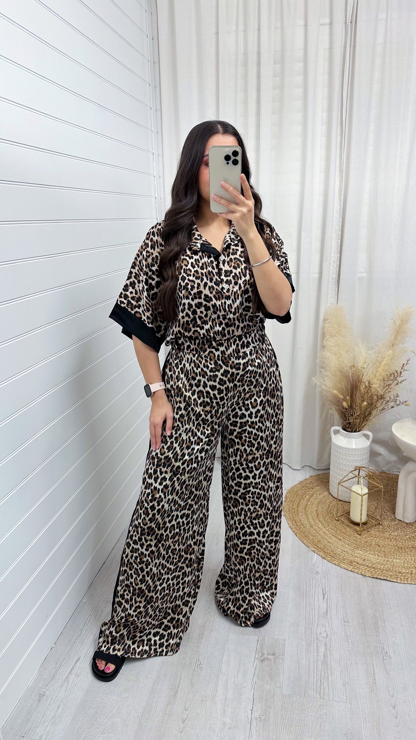 Satin Side Stripe Leopard Print Shirt and Trousers Co-Ord - BLACK