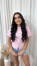 Soft Ribbed Gold Button Cinched T-Shirt - CANDY PINK