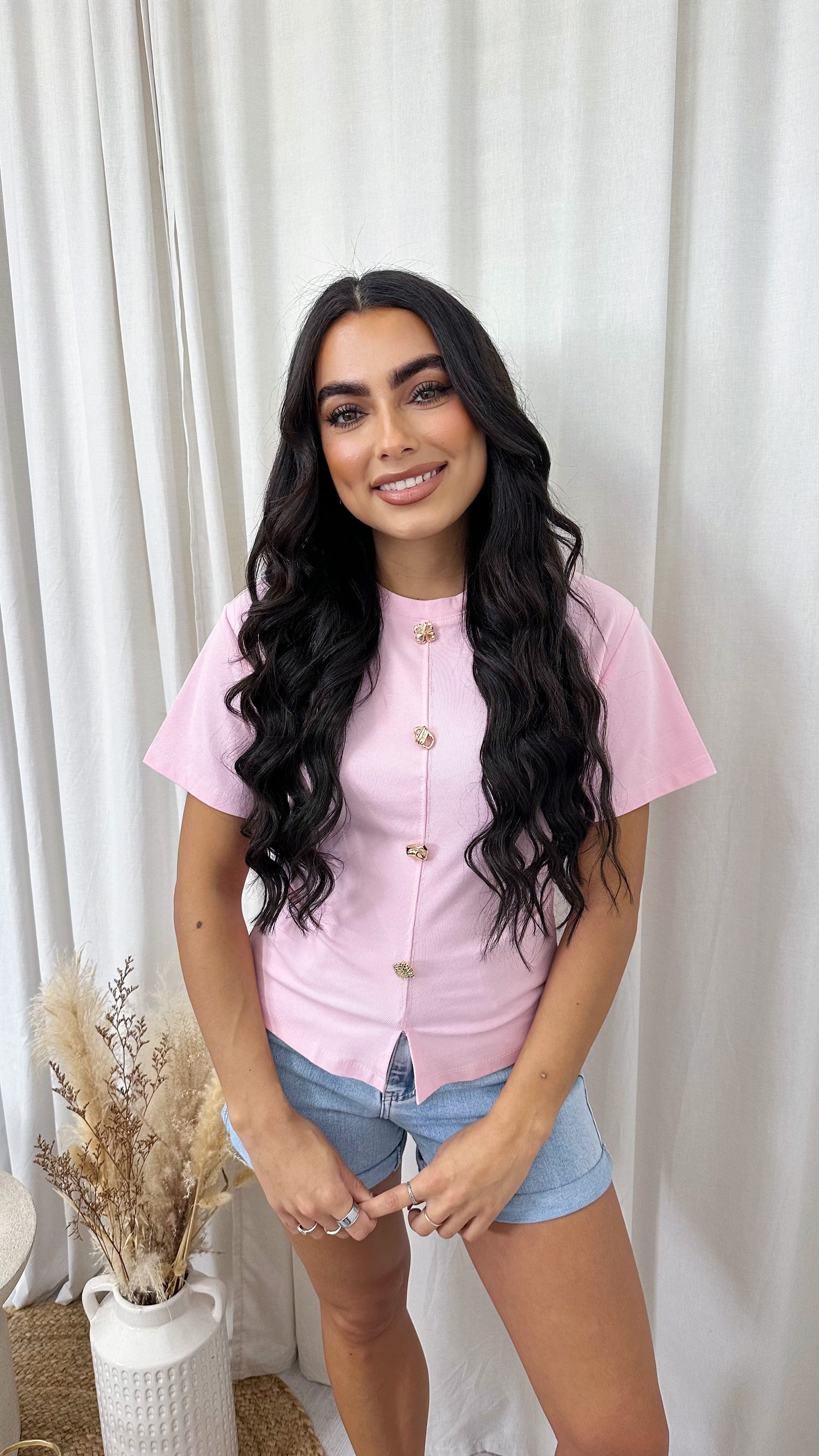 Soft Ribbed Gold Button Cinched T-Shirt - CANDY PINK