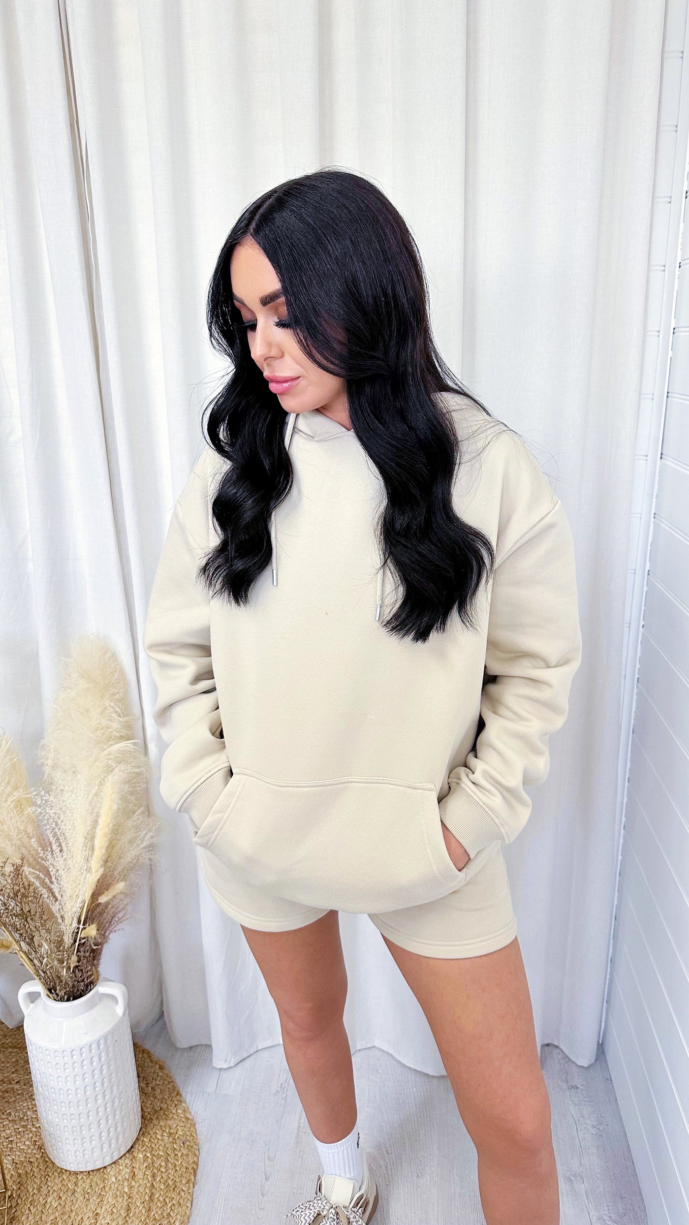 Oversized Hoodie and Jogger Shorts Co-Ord - BEIGE