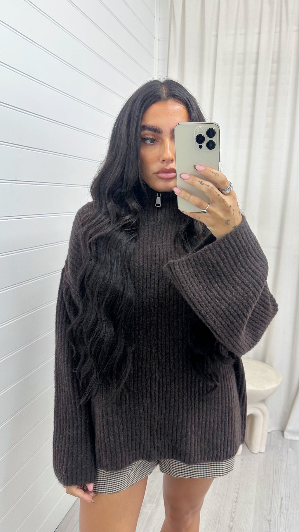 Chunky Rib Woollen Jacket - BROWN
